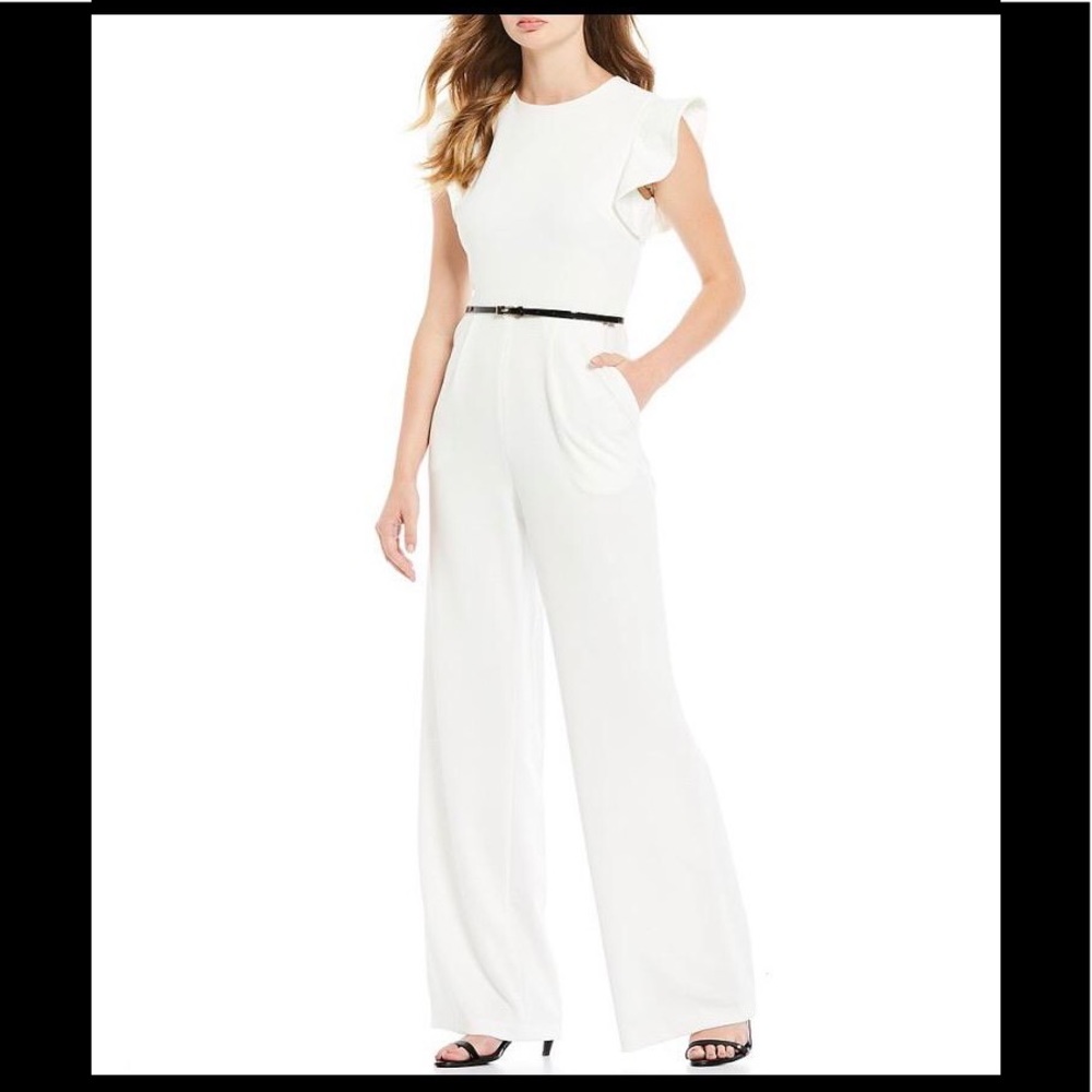 Calvin Klein Women's Belted Jumpsuit with Flutter Sleeves